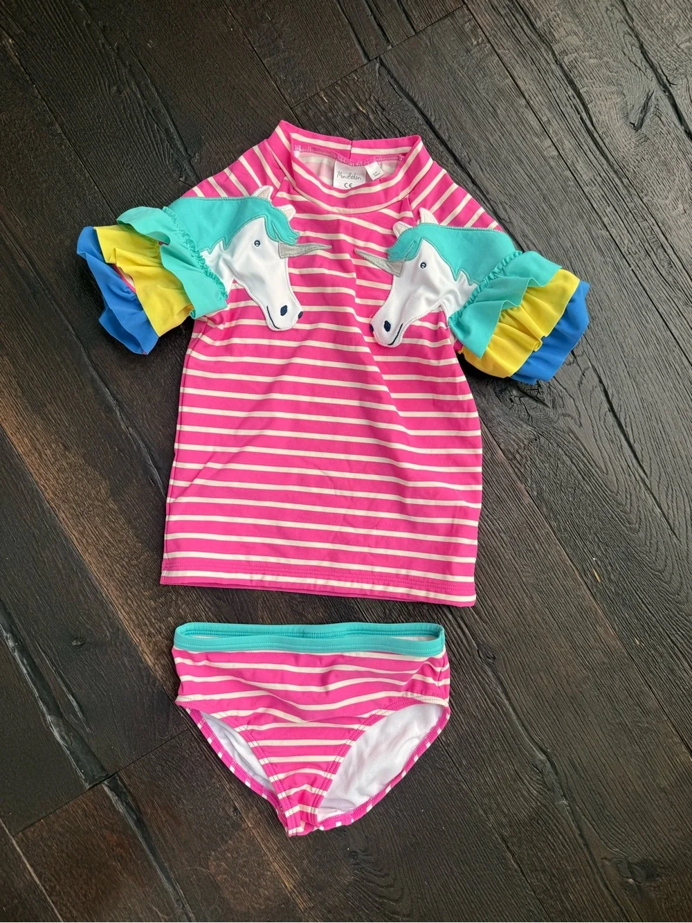 Mini Boden Pink Stripe Unicorn Rashguard Set with Teal & Yellow Ruffles